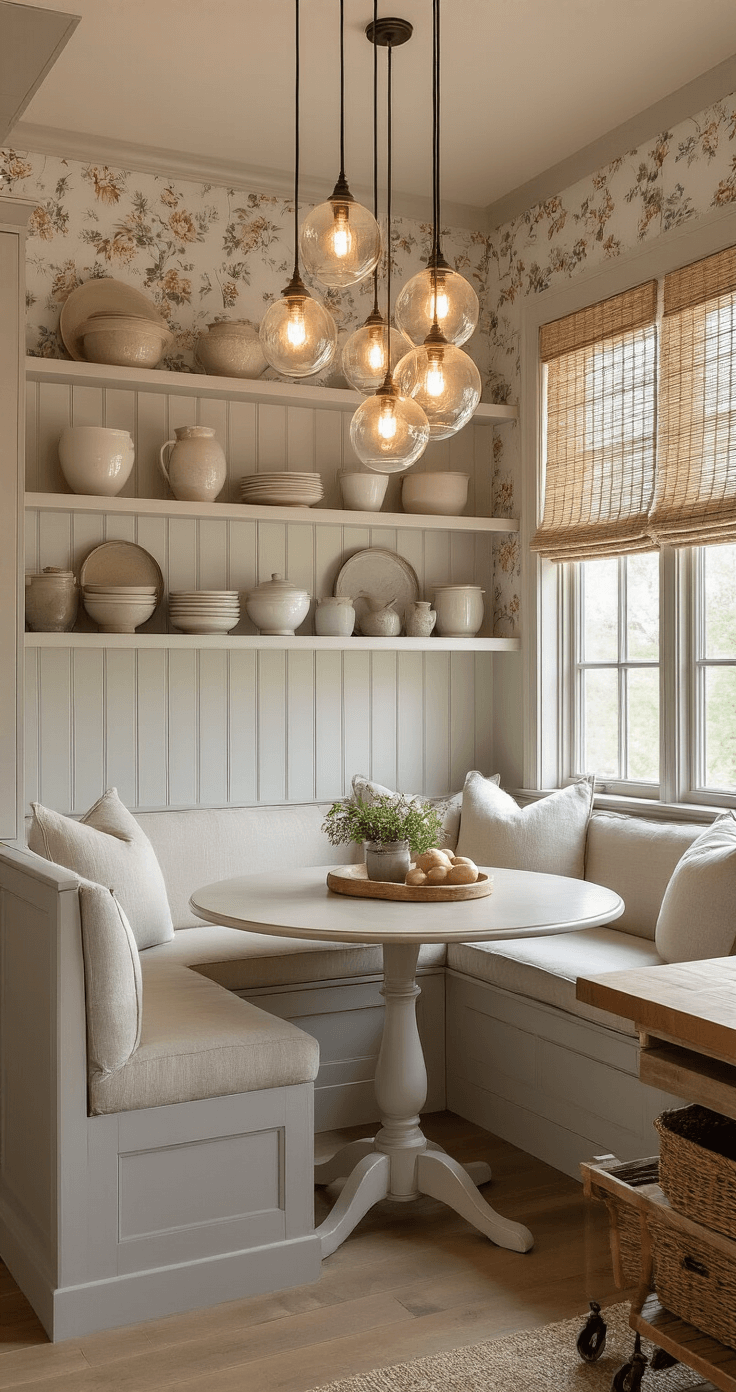 Cozy farmhouse kitchen nook at twilight with glass globe pendants, cream linen banquette, round pedestal table, vintage and modern ceramics on open shelves, soft gray beadboard wainscoting, floral wallpaper, butcher block island, and woven rattan blinds.