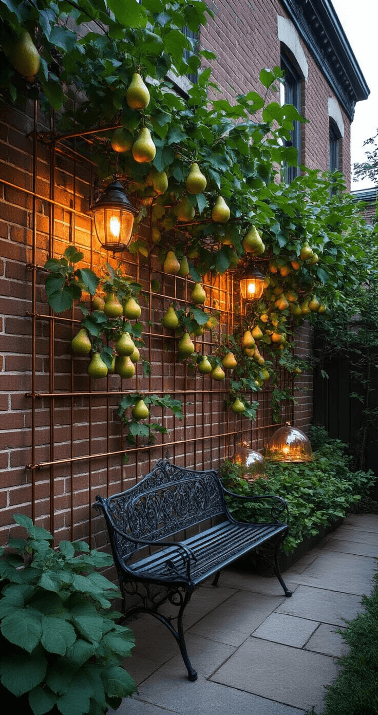 A vertical fruit garden featuring trained pear trees against a brick wall, enhanced by copper wire trellises and vintage glass cloches, with a cast iron bench beneath, captured during blue hour with soft artificial lighting creating a moody atmosphere.