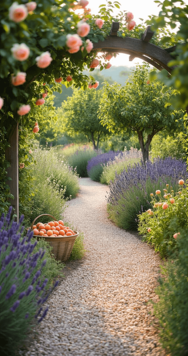 A peaceful scene depicting a peach orchard transitioning into a cottage garden, featuring a curved gravel path lined with lavender and salvias leading to peach trees. A wooden arch adorned with climbing roses frames the view, while vintage enamelware brims with freshly harvested peaches. The image is captured at mid-day in diffused light, with a soft, romantic pastel color palette and a shallow depth of field.