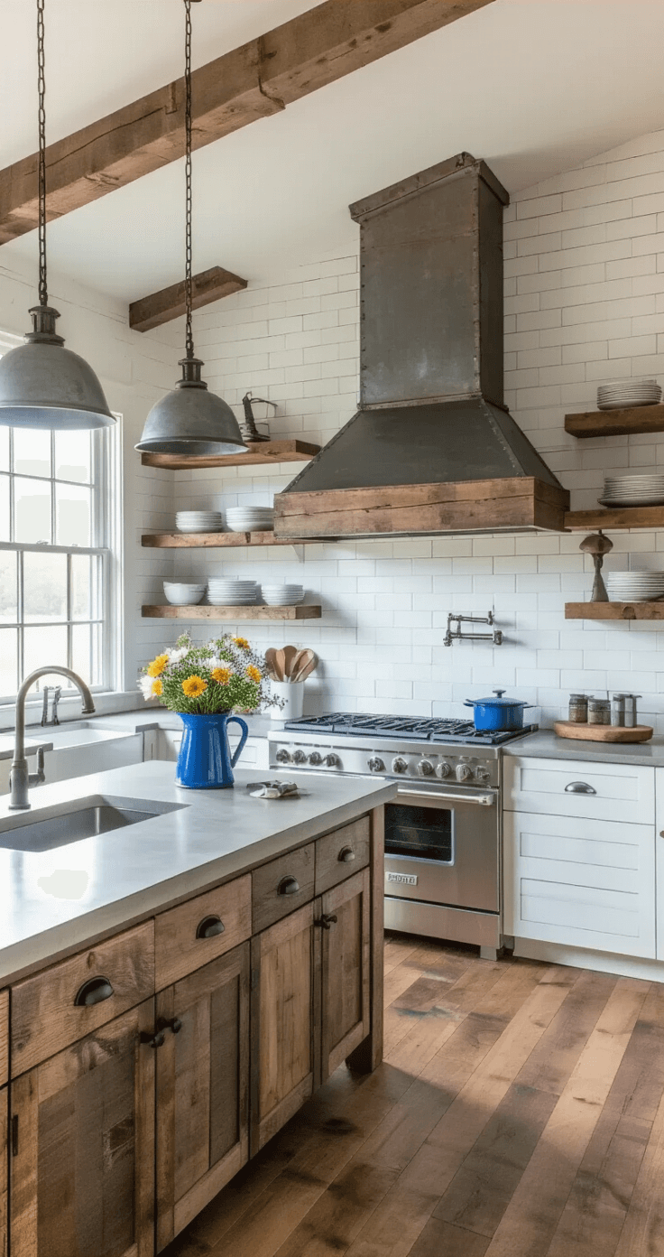 A rustic-modern farmhouse kitchen featuring a large island with a concrete countertop, a wrought iron pot rack overhead, and galvanized metal pendant lights, set in early morning light. White cabinets contrast with a reclaimed wood accent wall and a commercial-grade stainless steel range with a white brick backsplash. Wide-plank pine floors and fresh flowers in a blue enamel pitcher add warmth and charm.