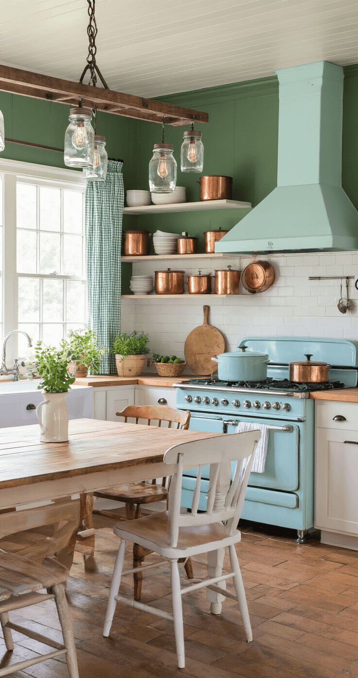 A cozy farmhouse kitchen featuring a vintage pale blue enamel wood-burning stove, custom ladder light fixture with mason jar pendants, deep green walls, butcher block countertops, open shelves with copper cookware and white ironstone, a multifunctional farmhouse table with mismatched pastel chairs, and gingham curtains framing herb garden views, captured in bright, natural light.