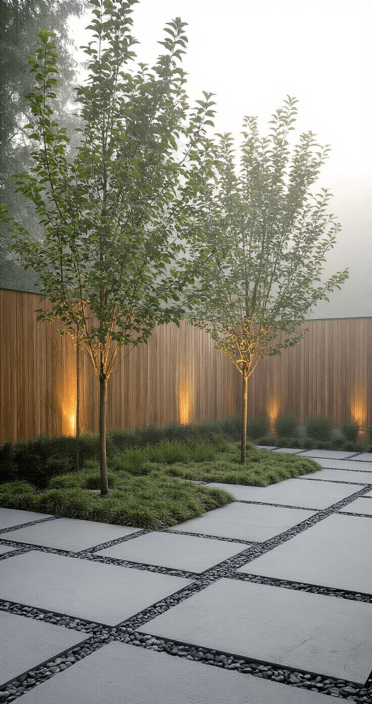 Contemporary minimalist backyard featuring three columnar apple trees against a cedar fence, illuminated by uplighting, with geometric concrete pavers over river rock ground cover, all in a monochromatic color scheme with subtle green accents, captured in morning mist.