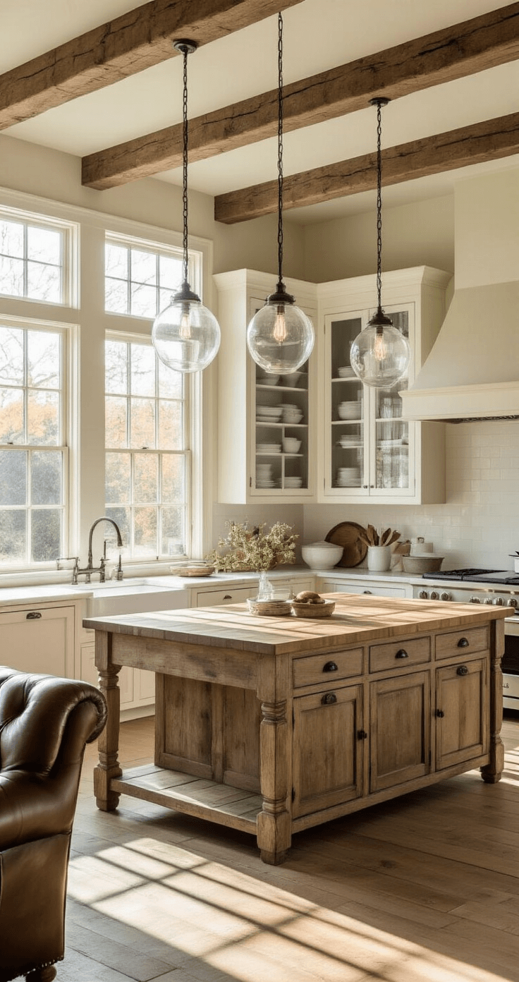 A spacious farmhouse kitchen with a rustic wooden island, butcher block top, oversized glass pendant lights, and wrought iron pot racks, all illuminated by warm morning light. A distressed white china cabinet displays vintage dishware, and a worn leather armchair is positioned near a fireplace, creating a cozy atmosphere.