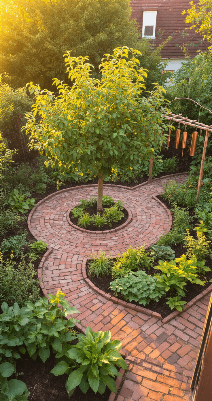 Aerial view of a small permaculture garden at sunset, featuring a central dwarf plum tree surrounded by concentric rings of companion plants, reclaimed brick pathways, copper wind chimes, and a handmade trellis, all illuminated by warm evening light.