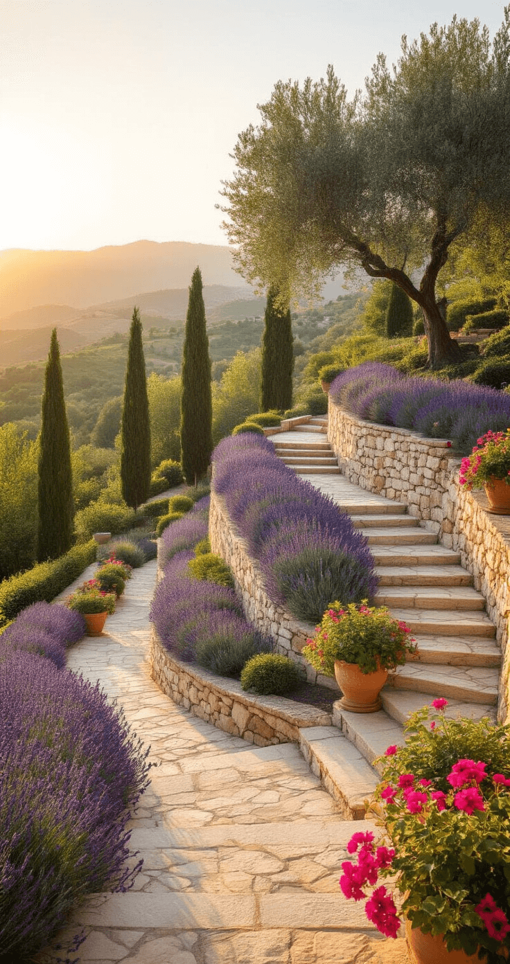 A sweeping terraced garden in Mediterranean style at golden hour, featuring three stone-walled levels with olive trees, lavender borders, and cypress trees, all bathed in warm sunlight. Natural stone steps wind down the terraces, adorned with terracotta pots of vibrant pink bougainvillea, creating a serene and timeless atmosphere.