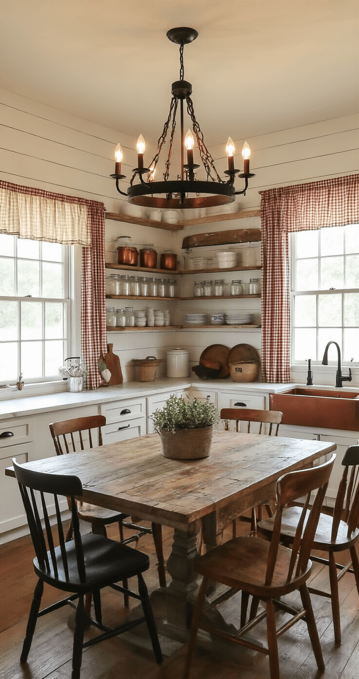 An intimate farmhouse kitchen at dusk featuring a reclaimed barn wood chandelier casting warm light over a rustic table and mismatched chairs, with open shelving of mason jars against white shiplap walls and a gleaming copper sink under gingham curtains, all illuminated by soft twilight.