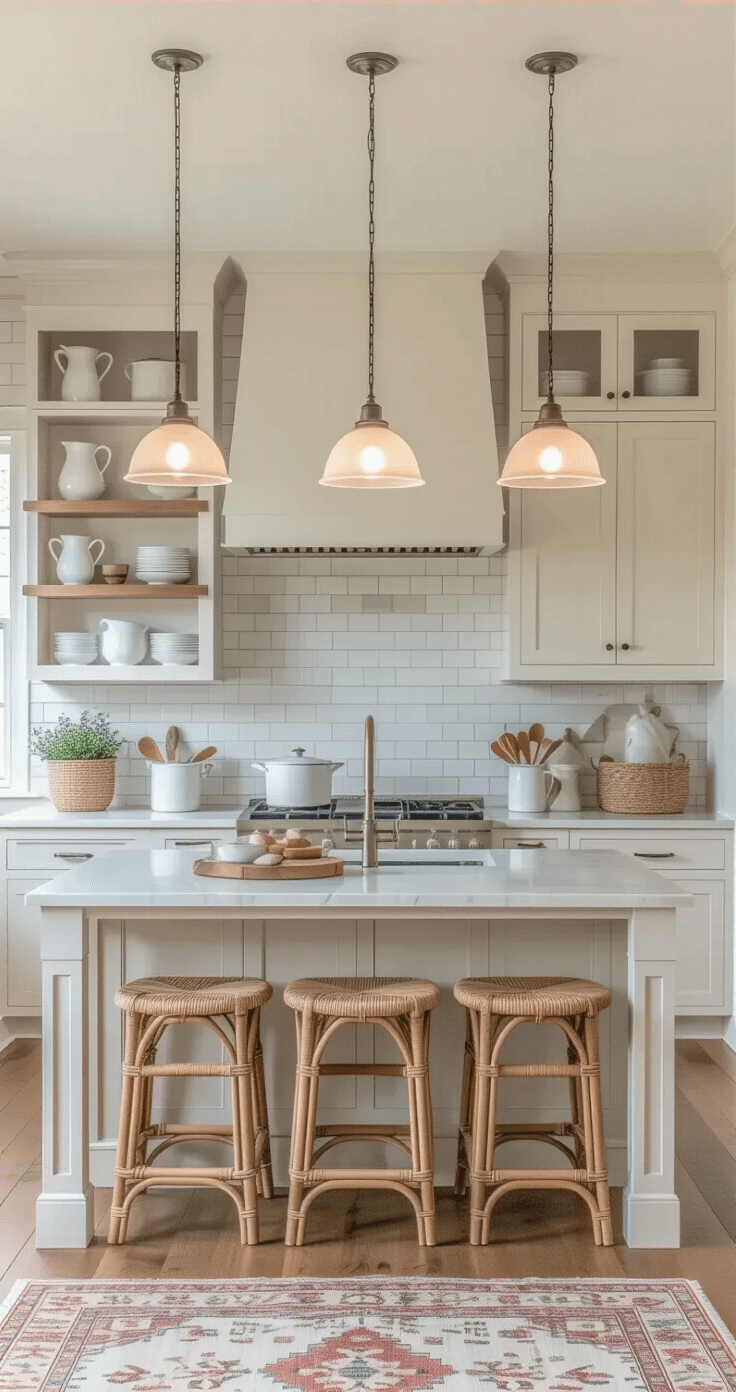 A cozy farmhouse kitchen with cream cabinets, a pale gray subway tile backsplash, and a small island with butcher block top and rattan stools, illuminated by milk glass fixtures, showcasing open shelving with ironstone, a vintage rug, and wide-plank pine floors, viewed straight-on from the entrance.
