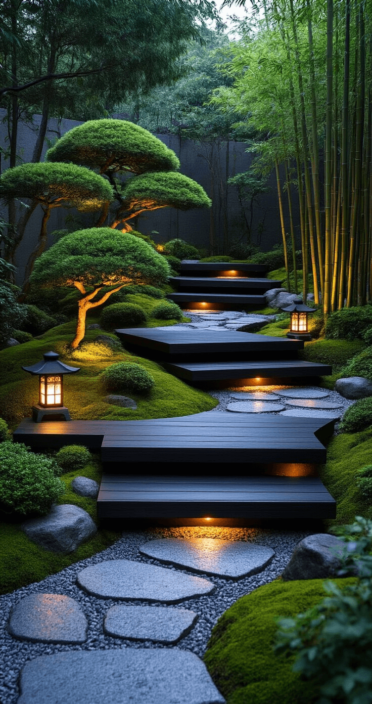 Intimate Japanese-inspired garden at dusk featuring interconnected wooden platforms, soft uplighting on sculpted maples and bamboo, a curved granite pathway with floating steps, moss gardens, river rocks, and stone lanterns, shot from ground level with a shallow depth of field.