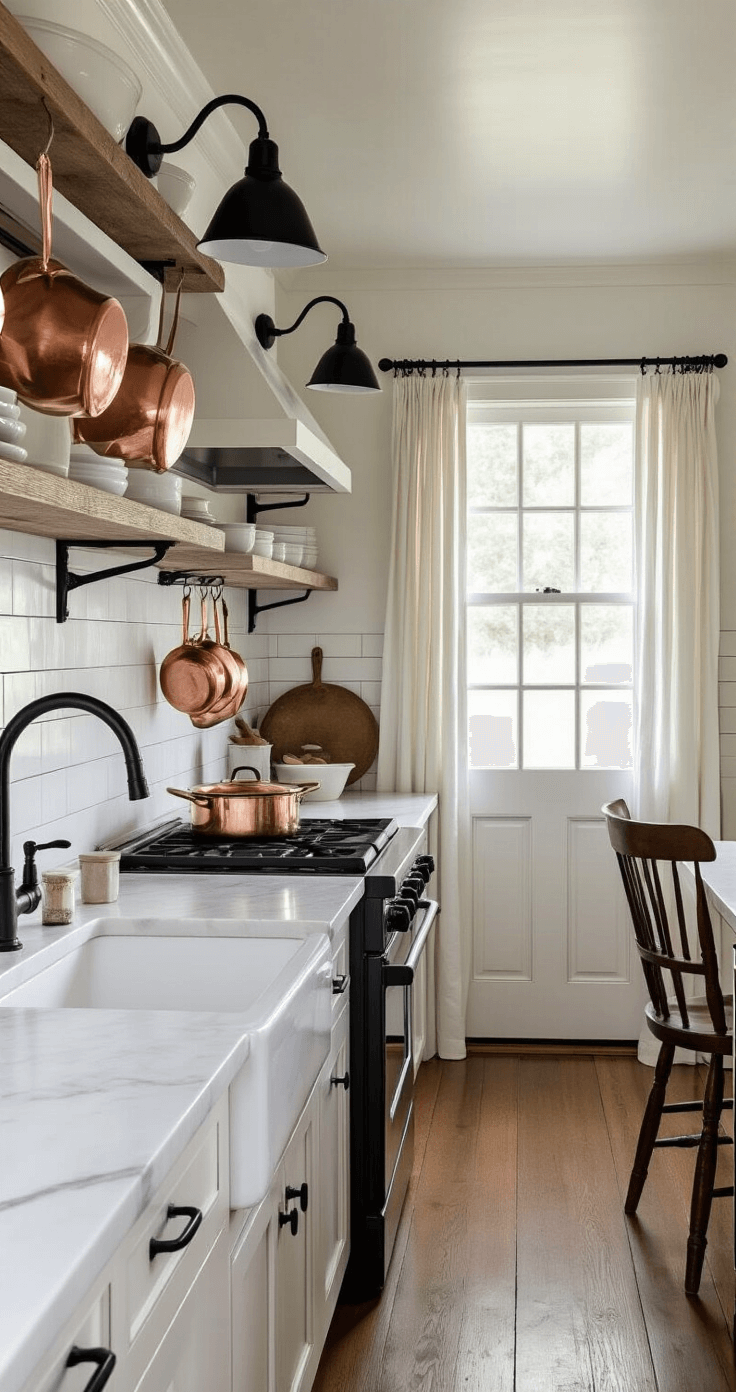 Galley-style farmhouse kitchen with white marble countertop, farmhouse sink under a window, black metal sconces illuminating open shelving, copper pots hanging above a vintage stove, and a ladder-back chair near a Dutch door, captured from a low angle to highlight the linear design and cozy lighting.