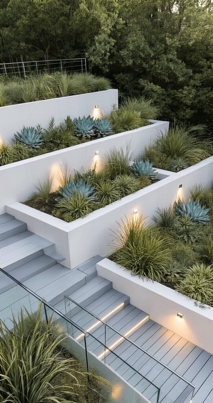 Aerial view of a modern minimalist tiered garden featuring three geometric platforms with clean white concrete retaining walls, accented by architectural succulents and ornamental grasses, illuminated by strategic spotlighting and hidden LED lights, all framed by glass railings and complemented by cool gray deck materials.