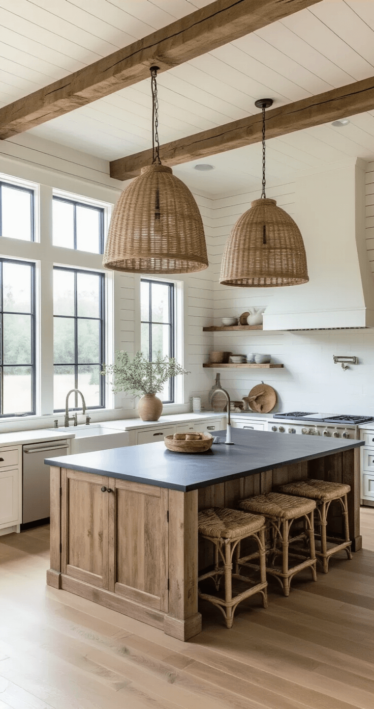 A high-angle view of a spacious open-concept farmhouse kitchen and dining area, featuring a large honed soapstone island, woven rattan pendants, shiplap walls, and exposed wooden beams, all flooded with natural light and a warm color palette of whites, charcoals, and wood tones.
