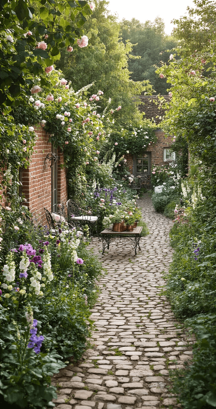 Charming cottage-style sloped garden with four terraces draped in climbing roses and clematis, featuring cobblestone paths, vibrant flower borders, vintage wrought iron furniture, and soft romantic lighting.