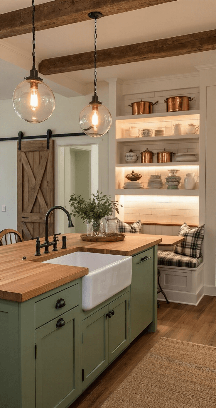 A cozy farmhouse kitchen at night with glass globe pendants and LED lighting, featuring sage green lower cabinets, butcher block countertops, a farmhouse sink, and a breakfast nook with plaid cushions. Copper cookware hangs for added warmth, and a sliding barn door leads to a pantry. The warm color scheme includes woods, greens, and creamy whites, captured from an eye-level corner perspective.