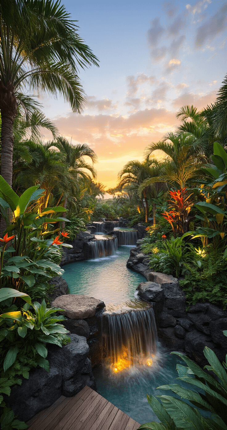 Multi-level tropical terrace at sunset featuring exotic plants, natural stone waterfalls, and teak decking, captured from a lower level with warm lighting enhancing the lush atmosphere.