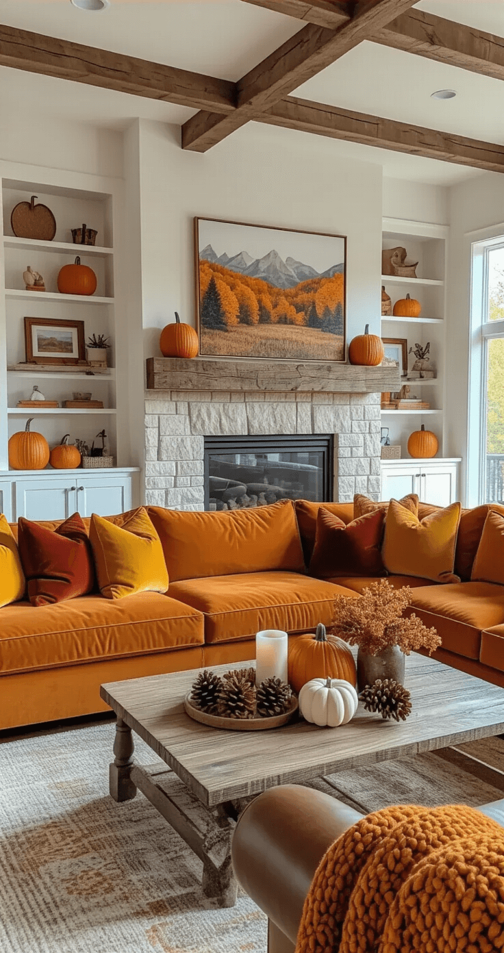 Cozy living room with exposed wooden beams and a stone fireplace, featuring a burnt orange sectional with colorful pillows, a distressed wood coffee table decorated with pumpkins and a candle, built-in bookshelves with fall decor, and a warm, inviting atmosphere.