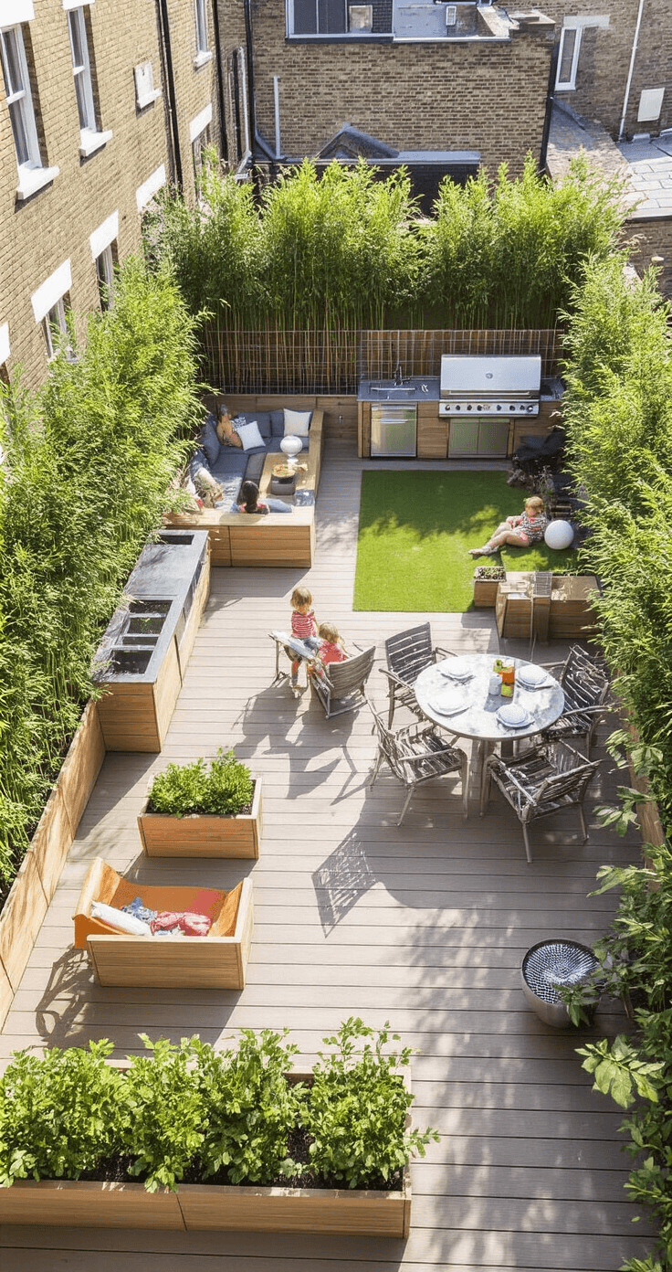 A wide-angle view of a family-friendly terraced garden in afternoon light, featuring four levels including a children's play area, outdoor kitchen, dining terrace, and lounge space, all with composite decking and gabion basket walls. Safety railings with planter boxes and bamboo privacy screening create a cheerful, functional atmosphere.