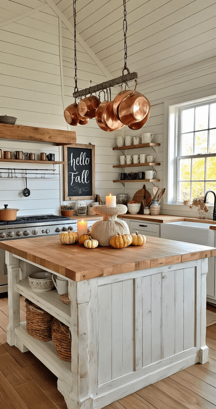 A cozy farmhouse kitchen bathed in early morning light, featuring a large center island with a butcher block top, adorned with a DIY yarn pumpkin centerpiece and surrounded by small gourds and candles. Shiplap walls and a vaulted ceiling frame the space, while copper pots hang above. Seasonal mugs and plates are displayed on open shelving, with a hand-lettered chalkboard sign saying 'Hello Fall' near the farmhouse sink.