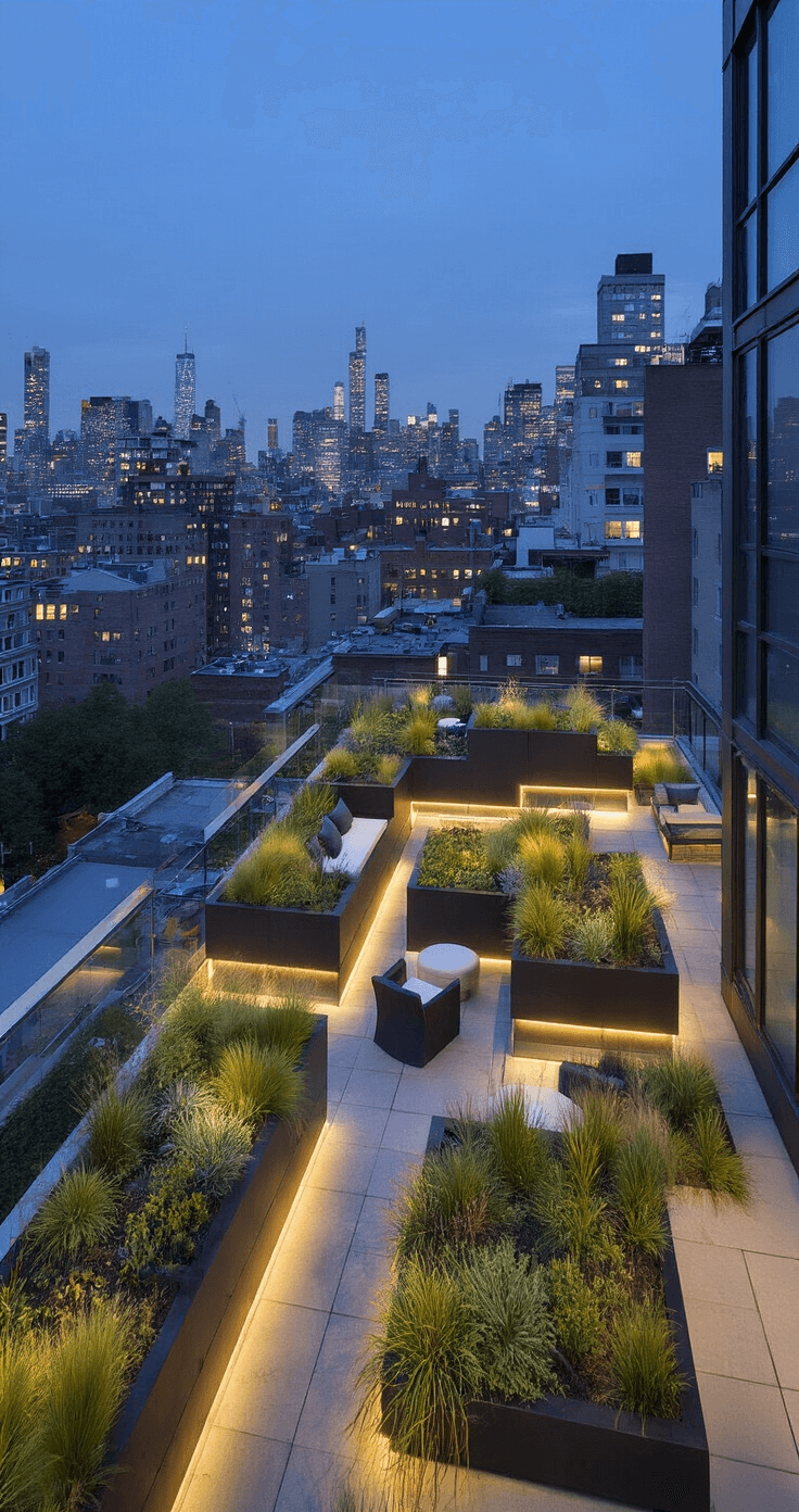 Urban rooftop garden at twilight featuring three elevated platforms, steel planters with grasses and perennials, built-in LED lighting, modern charcoal and white furniture, and glass wind barriers, all against a stunning city backdrop.