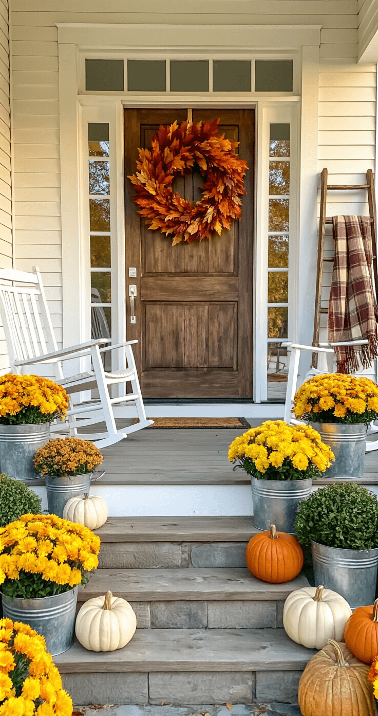 A cozy autumn porch featuring white rocking chairs, a rustic door with a handmade fall wreath, galvanized metal buckets of mums, a vintage ladder draped with a plaid blanket, and a cascading display of faux pumpkins, all bathed in warm golden hour light.