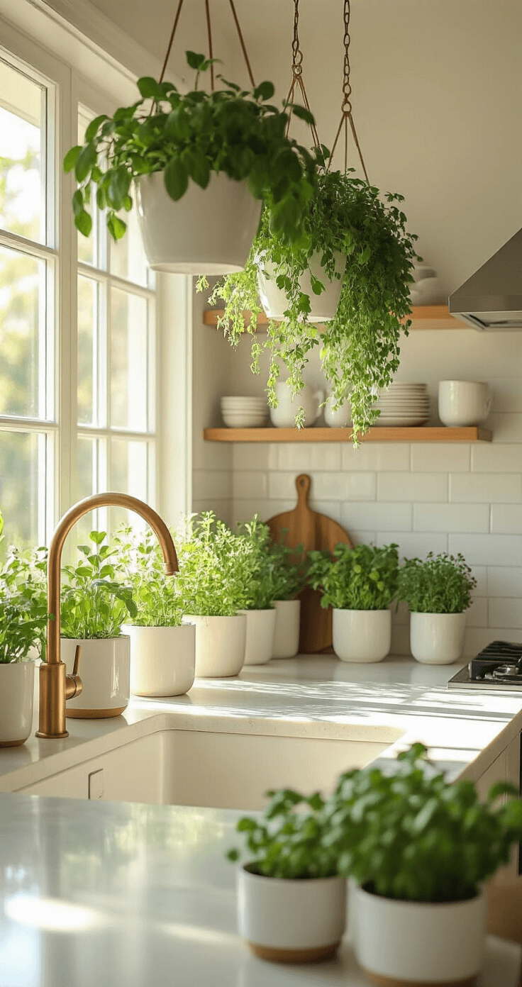 A sunlit modern kitchen featuring a herb garden, with white quartz countertops and matte ceramic planters, showcasing fresh herbs. The space is styled in a sage green and cream color palette with brass accents, illuminated by early morning light from large south-facing windows, complemented by soft overhead lighting.