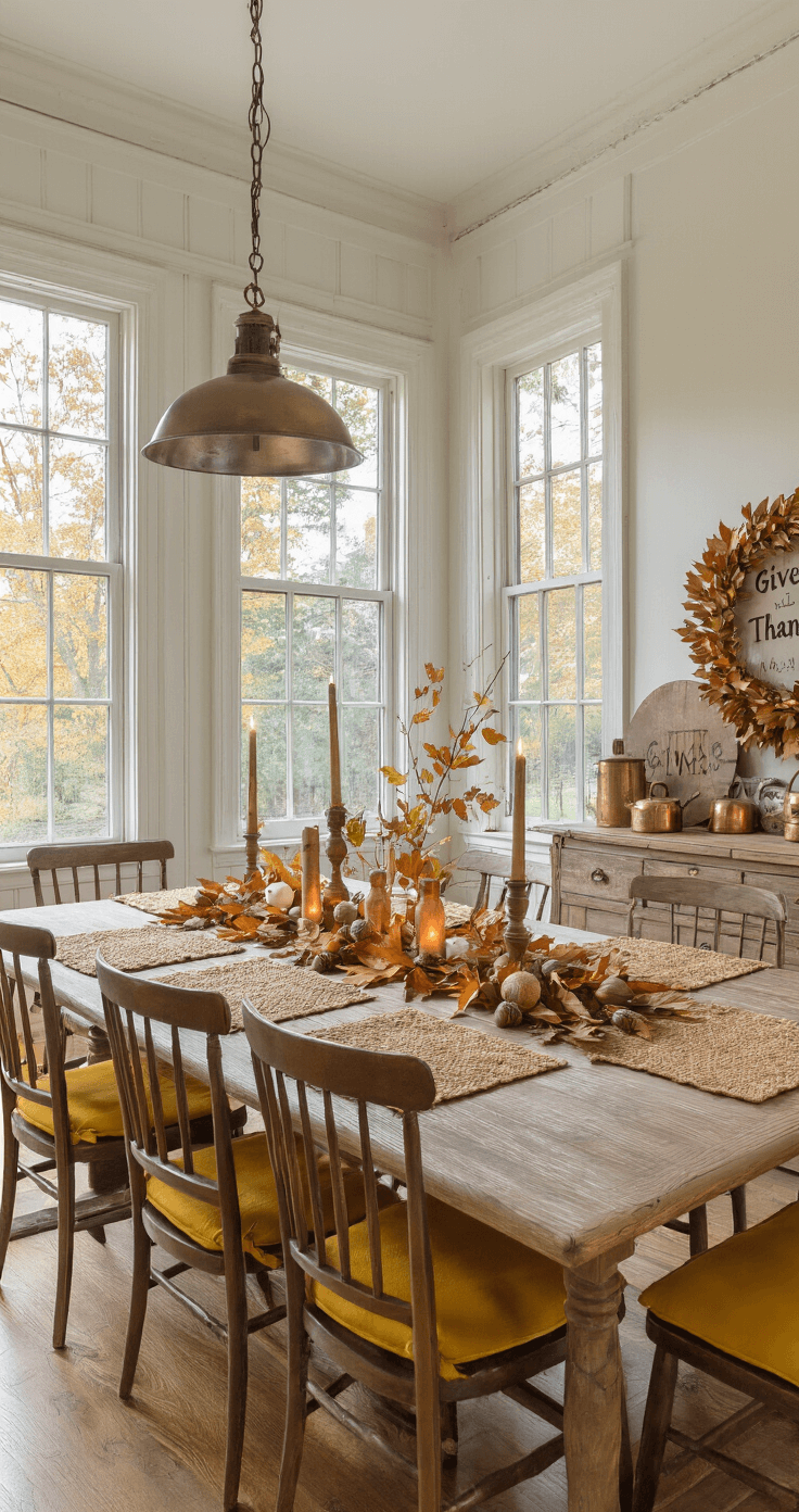 A cozy dining room set for a fall feast, featuring a farmhouse-style table adorned with textured leaf placemats, a centerpiece of dried botanicals and LED candles, mismatched chairs with mustard yellow cushions, and a sideboard displaying copper serving pieces and a 'Give Thanks' sign, all bathed in soft evening light.