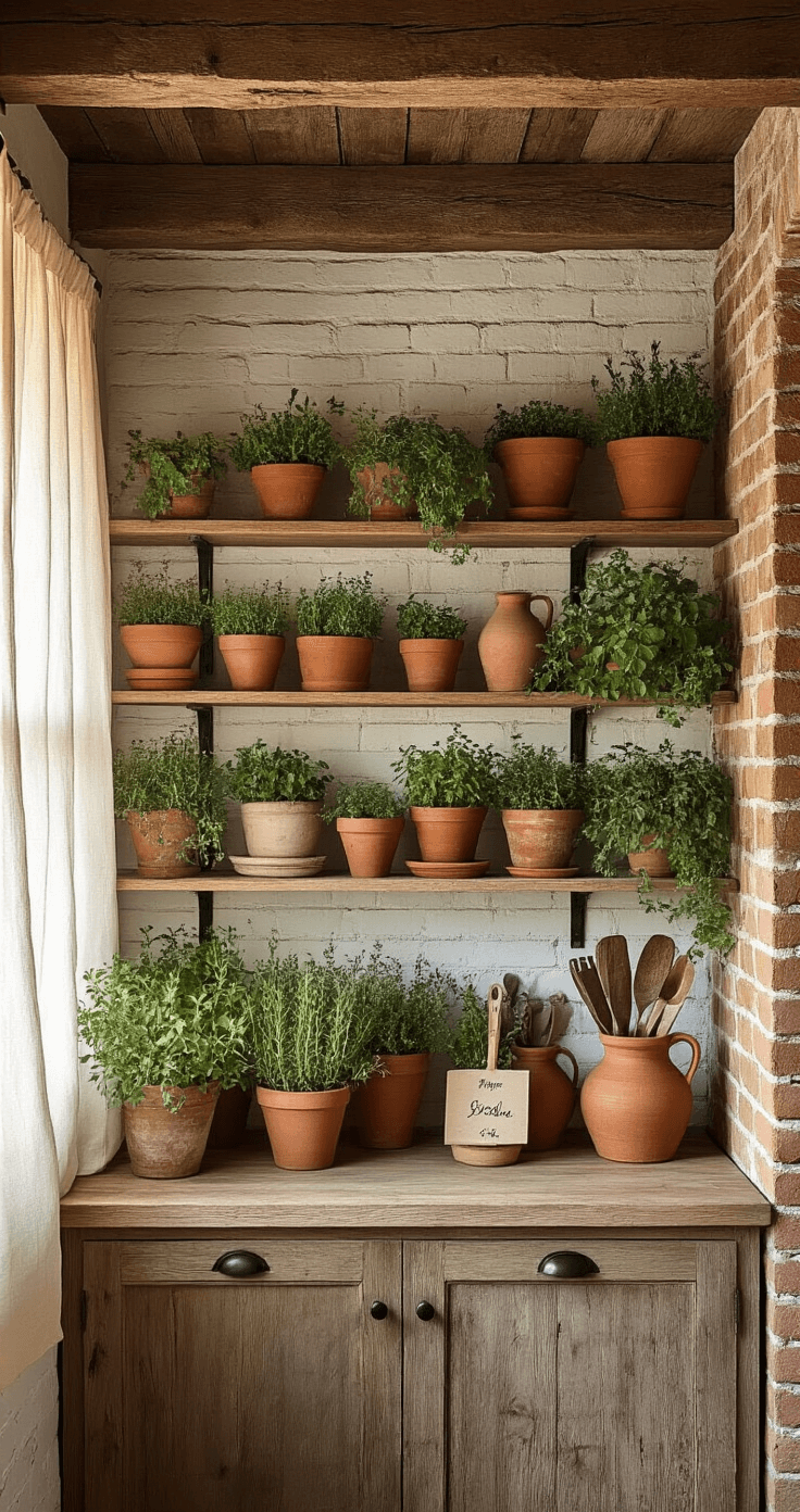 A cozy farmhouse kitchen nook with vintage terracotta pots overflowing with herbs on reclaimed wooden shelving, illuminated by golden hour light, showcasing rustic textures and antique gardening tools.