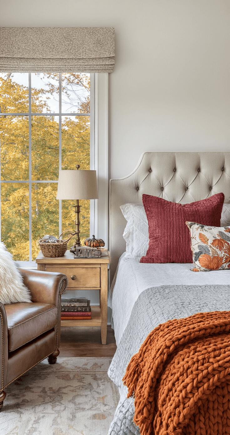 A cozy master bedroom transformed into an autumn retreat, featuring a king-size bed with a tufted headboard, dressed in a deep red quilted comforter and fall-patterned pillows. A chunky knit throw in burnt orange adorns the foot of the bed. Nightstands with brass lamps and fall decor flank the bed, while a reading nook with a leather armchair and faux fur throw provides a warm, inviting space. The late afternoon light enhances the layered textures and intimate ambiance of the room.