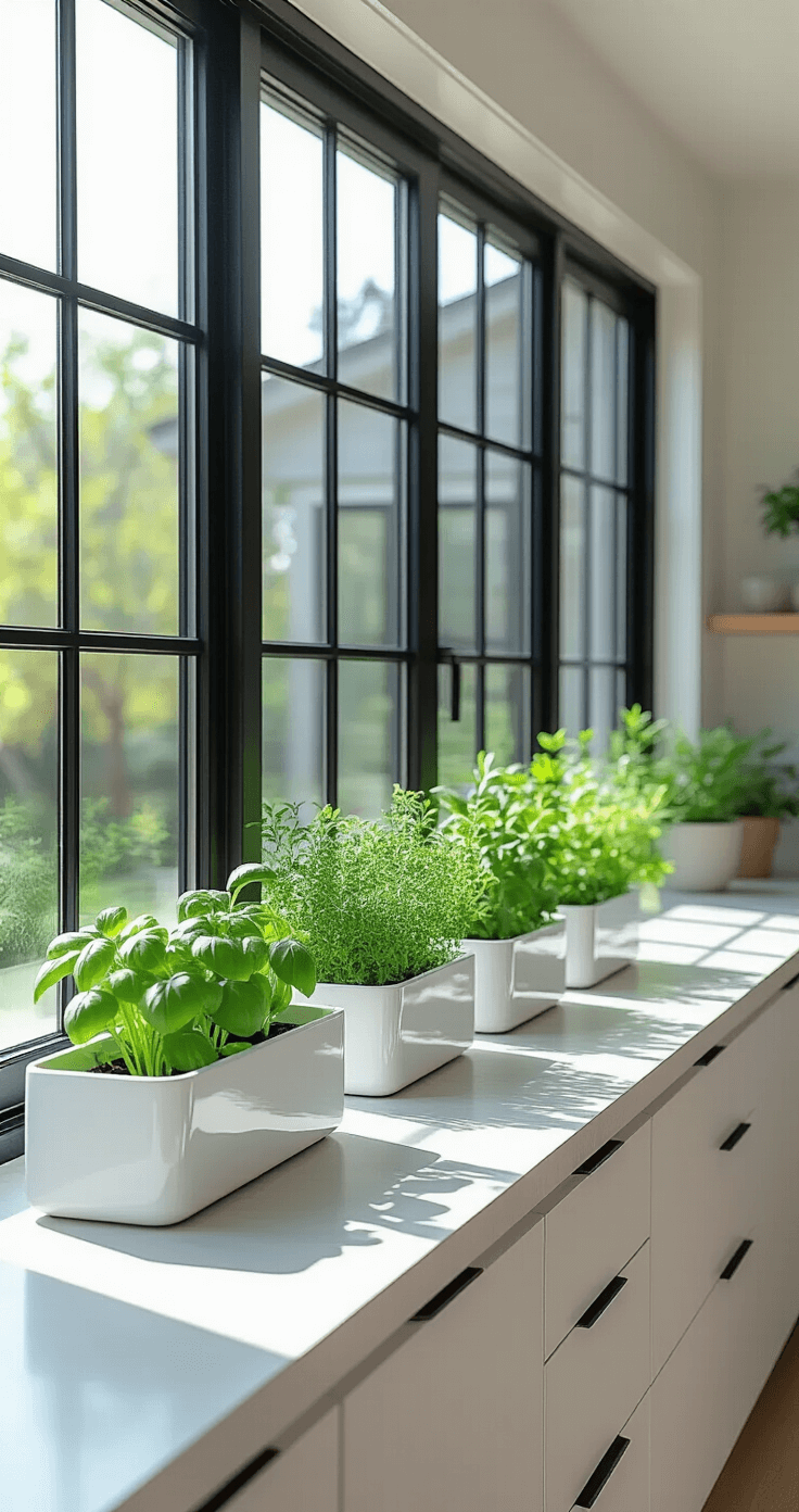 A contemporary kitchen with floor-to-ceiling windows, featuring a minimalist floating windowsill garden with white ceramic planters holding manicured herbs, set against black frames. The room is illuminated by crisp midday light, showcasing a monochromatic palette highlighted by vibrant green accents.