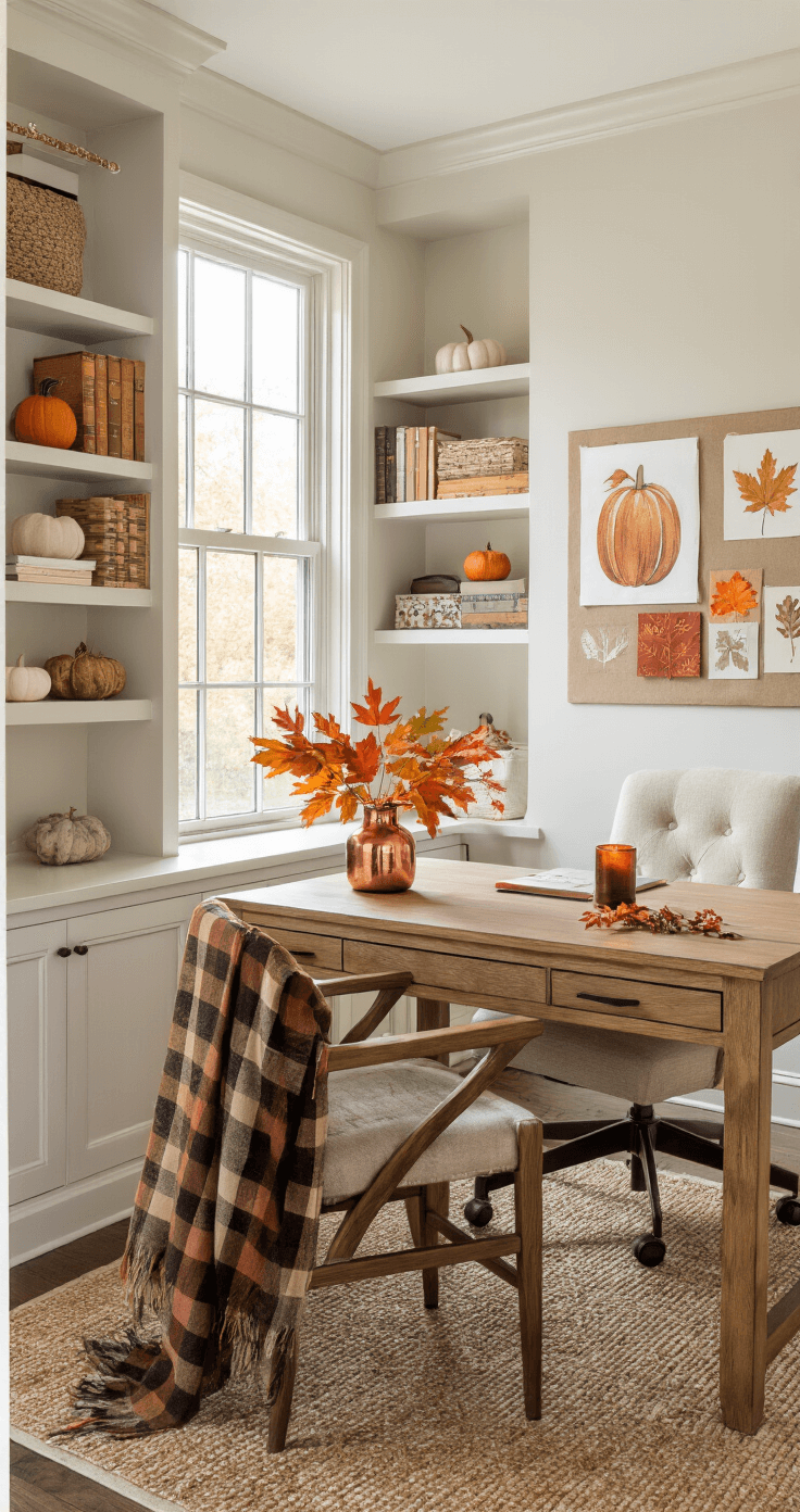 A bright home office styled for fall, featuring a wooden desk with a copper vase of fall leaves, a scented candle, and a plaid throw on the chair. Built-in bookshelves and floating shelves display work essentials and autumn decor, including framed prints and small pumpkins, illuminated by natural light.