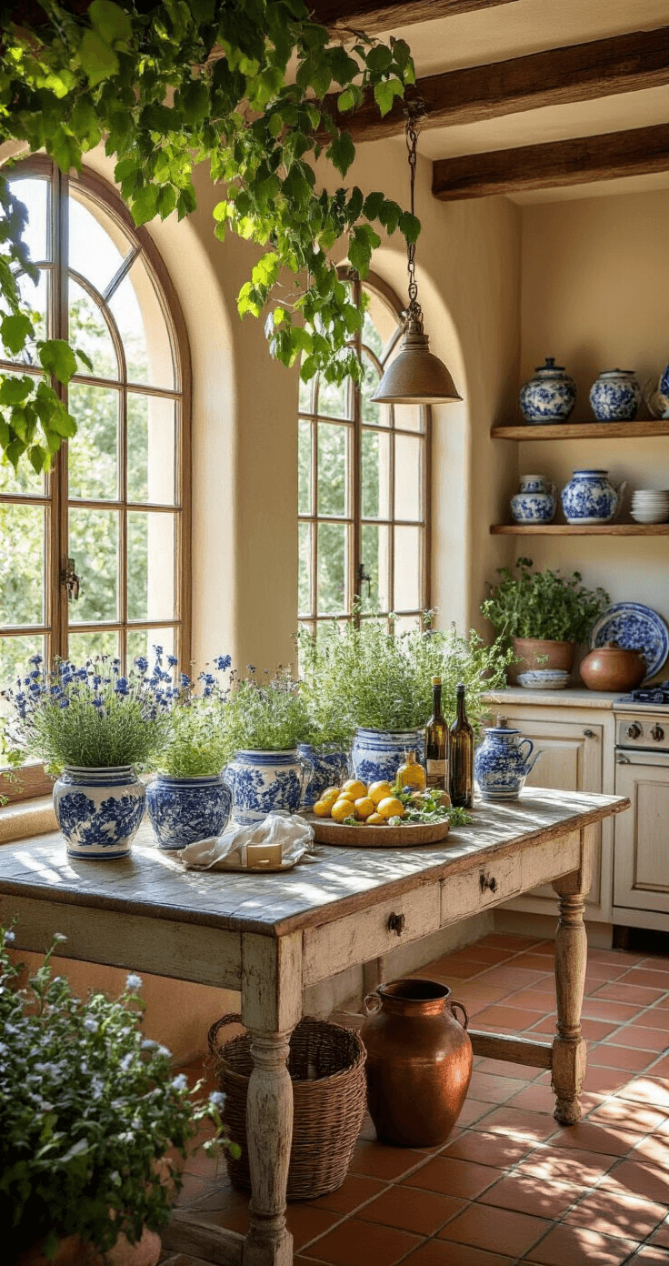Warm Mediterranean kitchen featuring arched windows, terracotta flooring, and dappled light. A distressed wooden table showcases clustered blue and white ceramic pots filled with herbs and blooming edible flowers, accented by olive oil bottles and fresh lemons, creating a vibrant atmosphere.