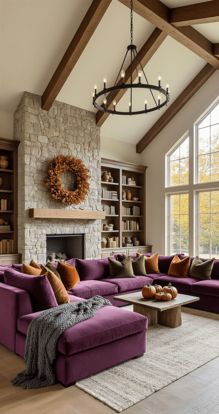 A spacious living room with vaulted ceilings, featuring a plush plum L-shaped sectional adorned with colorful throw pillows, a large stone fireplace with a foliage wreath, and floor-to-ceiling bookshelves styled with autumn decor, illuminated by golden afternoon light.