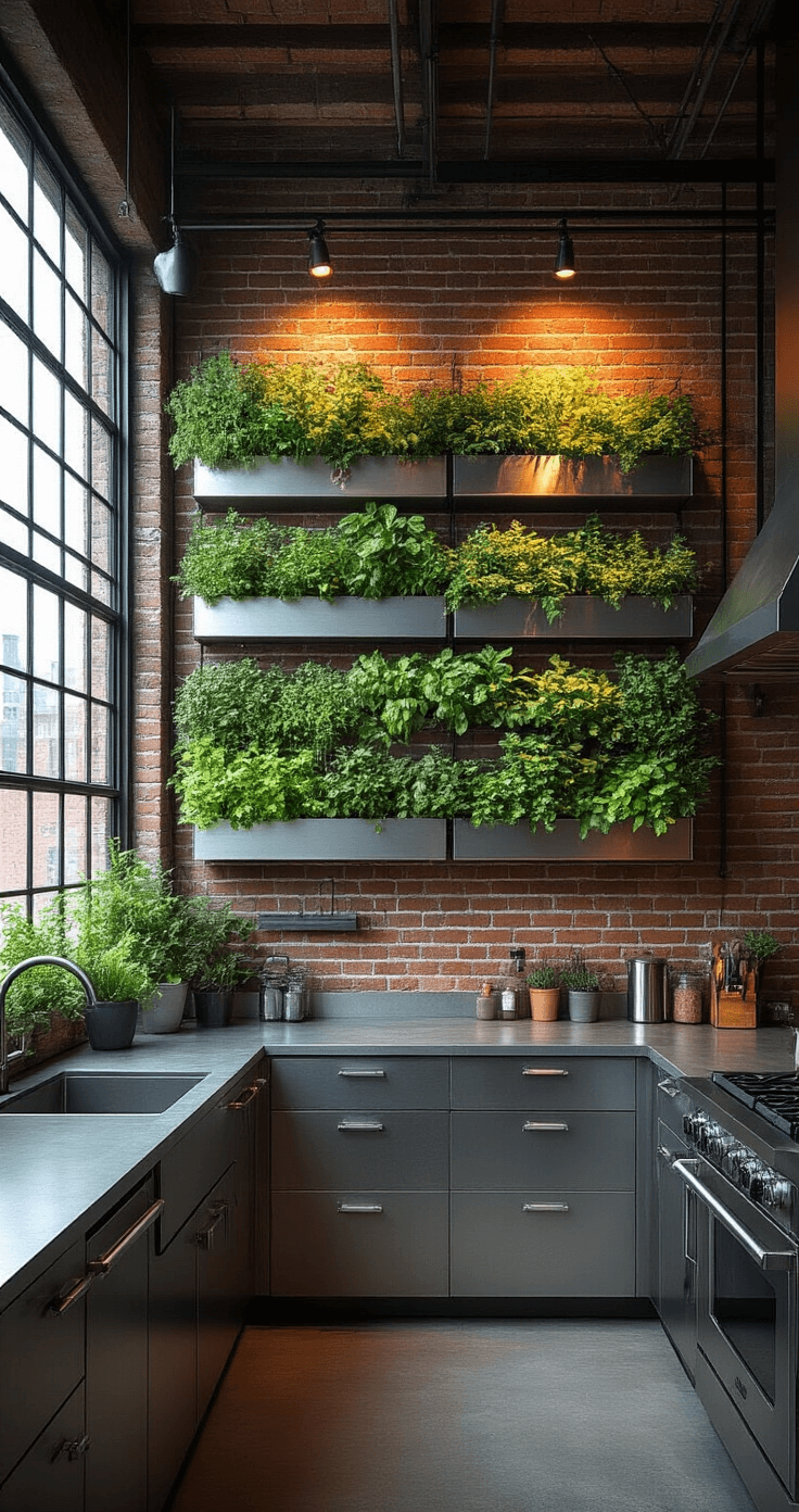 Industrial vertical garden in an urban loft kitchen with exposed brick and steel beams, featuring wall-mounted metal planters filled with mixed herbs, illuminated by dramatic evening light through factory windows.