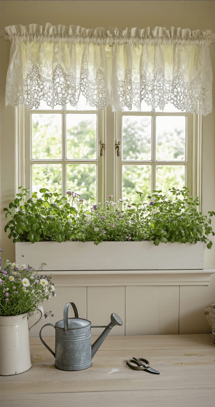 Interior view of a traditional kitchen with a bay window, showcasing three white wooden window boxes filled with trailing herbs and pastel flowers, bathed in soft morning light through vintage lace curtains, complemented by an antique watering can, garden scissors, and weathered zinc plant markers.