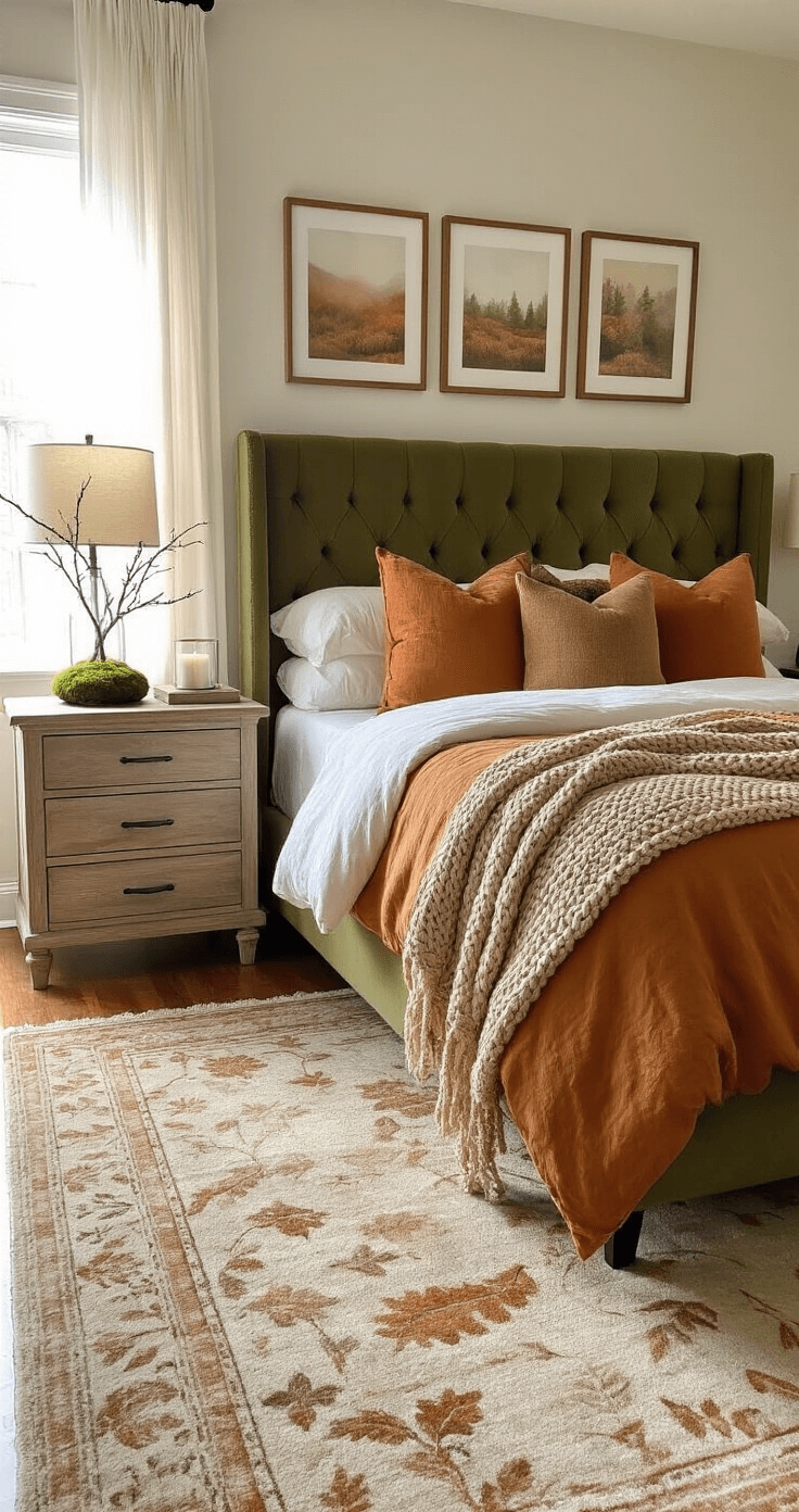 Cozy 12x12ft bedroom with a king-size bed in deep olive green, layered ochre and rust linens, warm brown throw, weathered wood nightstands with moss branches and candles, a nature-inspired gallery wall, and a plush leaf-patterned rug, all bathed in soft morning light.