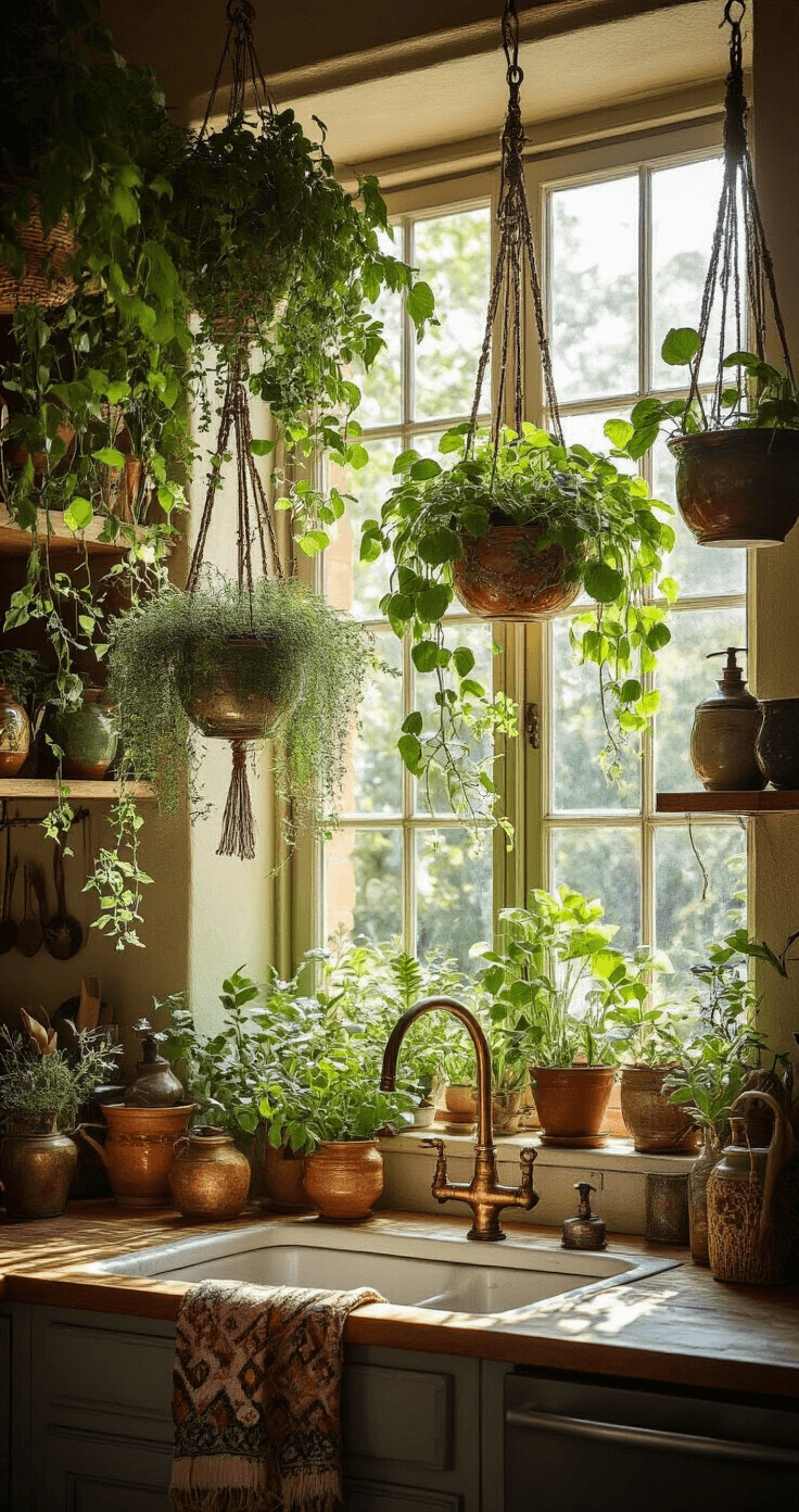 Eclectic kitchen corner with high ceilings, featuring a collection of mismatched ceramic and brass hanging planters filled with trailing herbs and air plants. Late afternoon sunlight backlights the plants, creating dramatic silhouettes, while rich jewel tones and metallic accents complement vintage macramé and a copper misting bottle.