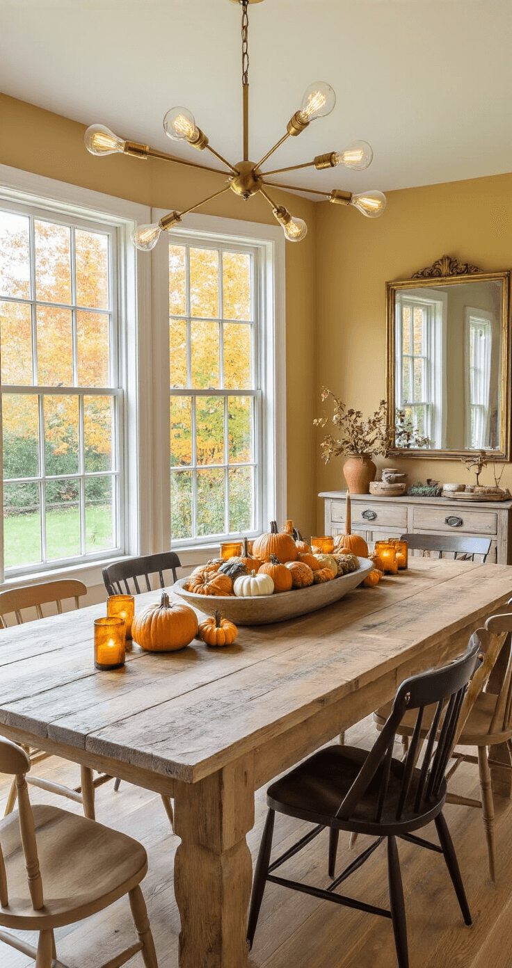 A bright dining room with bay windows overlooking a garden in fall, featuring a rustic farmhouse table surrounded by mismatched chairs. A dough bowl filled with mini pumpkins and candles adorns the table, while a brass chandelier hangs above. Soft ochre walls highlight a vintage mirror and a sideboard displaying copper pieces and potpourri.
