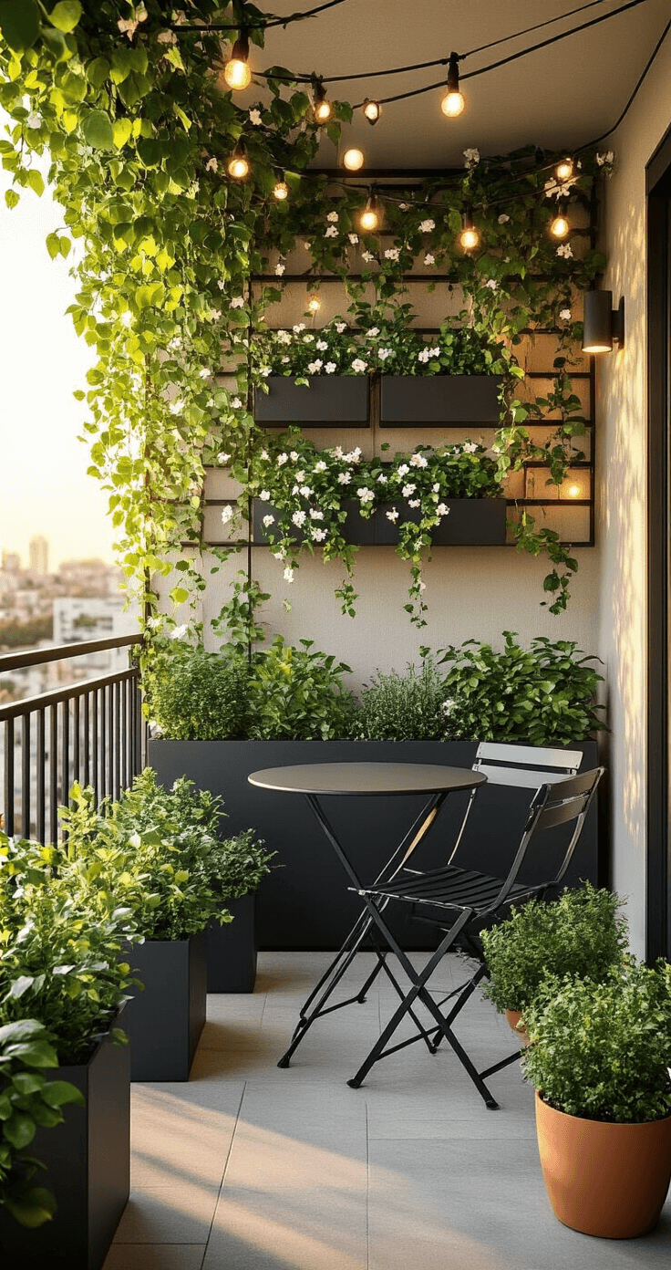A cozy urban balcony at golden hour, featuring a trellis of climbing jasmine, modern lightweight containers with cascading plants, a matte black bistro set, and overhead string lights, all captured from a high corner angle.