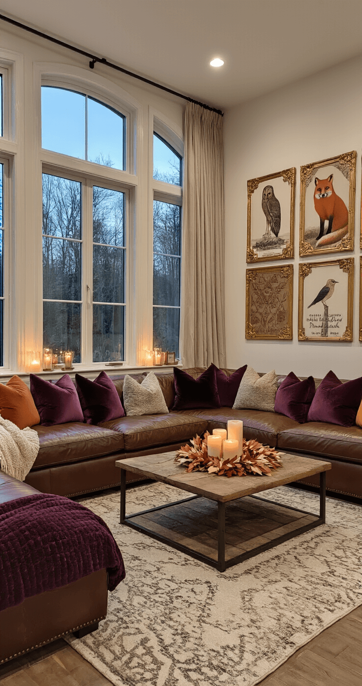 A cozy family room features a large bay window with a window seat filled with plush pillows, a brown leather sectional sofa, a rustic coffee table adorned with candles and a felt leaf garland, and walls decorated with gold-framed wildlife prints, all under warm, soft lighting as twilight approaches.