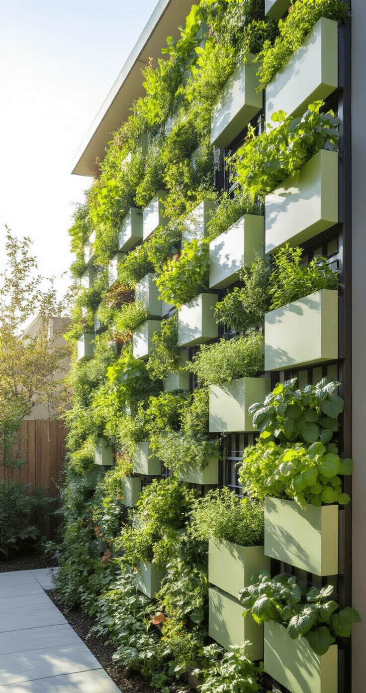 A vibrant vertical garden wall featuring sage green and white modular grid planters filled with herbs and compact vegetables, illuminated by late morning sunlight. The image showcases geometric patterns, copper plant markers, and natural wood accents, captured with a wide-angle lens to highlight architectural lines and textures.
