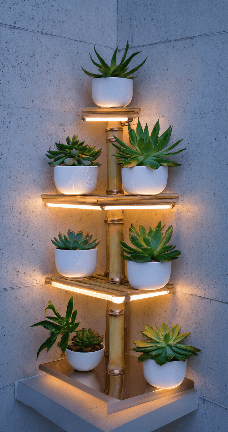 Intimate balcony corner vignette at dusk featuring a bamboo plant stand with succulents in white ceramic pots, enhanced by LED uplighting and metallic rose gold accents. A textured concrete wall serves as the background, captured from a low angle with soft focus, highlighting the contrast between cool twilight tones and warm artificial light.