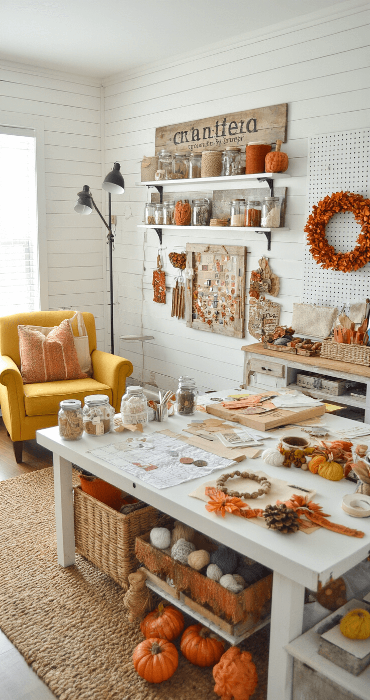 A bright and cozy craft room filled with late morning light, featuring white shiplap walls, a large crafting table covered in DIY projects, open shelving with autumn-colored supplies, a mustard yellow armchair, and fall garlands, all captured from a high corner to showcase the creative chaos.