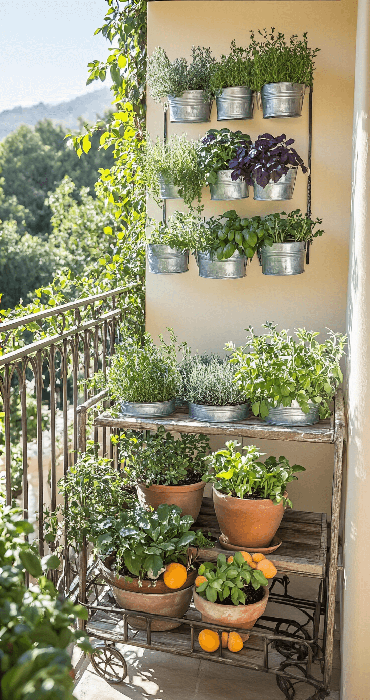 A sunlit Mediterranean balcony garden filled with mobile zinc planters of herbs, clusters of vintage terracotta pots, and a wrought iron cart of dwarf citrus, showcasing a charming rustic layout.