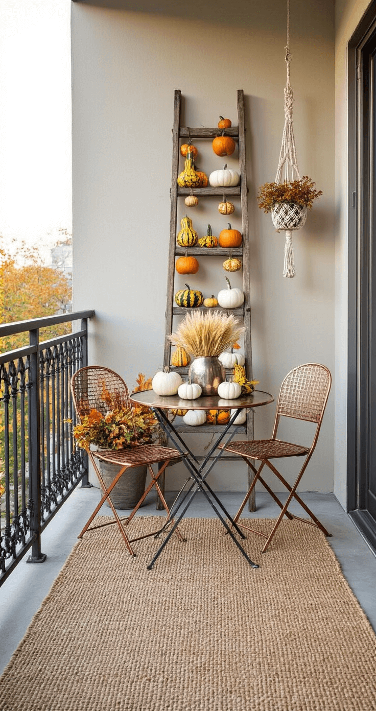 A narrow urban balcony decorated for fall with a rustic wooden ladder adorned with gourds and autumn foliage, featuring a woven jute rug, a small bistro set with copper chairs, and a centerpiece of white pumpkins and dried wheat, enhanced by macramé plant holders and fairy lights, all bathed in soft afternoon light.