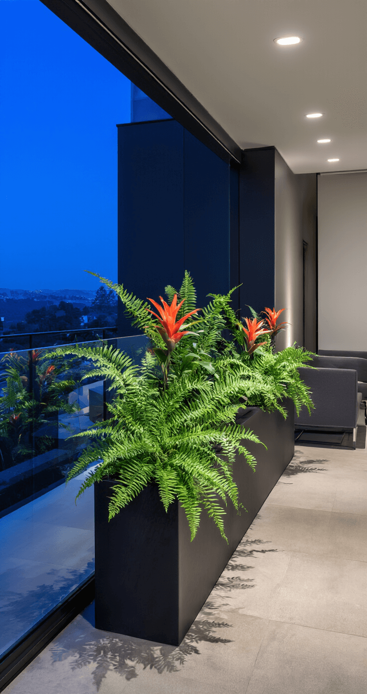 A contemporary urban balcony at blue hour, featuring sleek black rectangular planters with tropical ferns and bromeliads silhouetted against the evening sky. Ambient uplighting from hidden LED strips enhances the scene, while polished concrete flooring reflects light. Minimalist charcoal gray furniture complements the indoor-outdoor connection, captured through a long exposure.