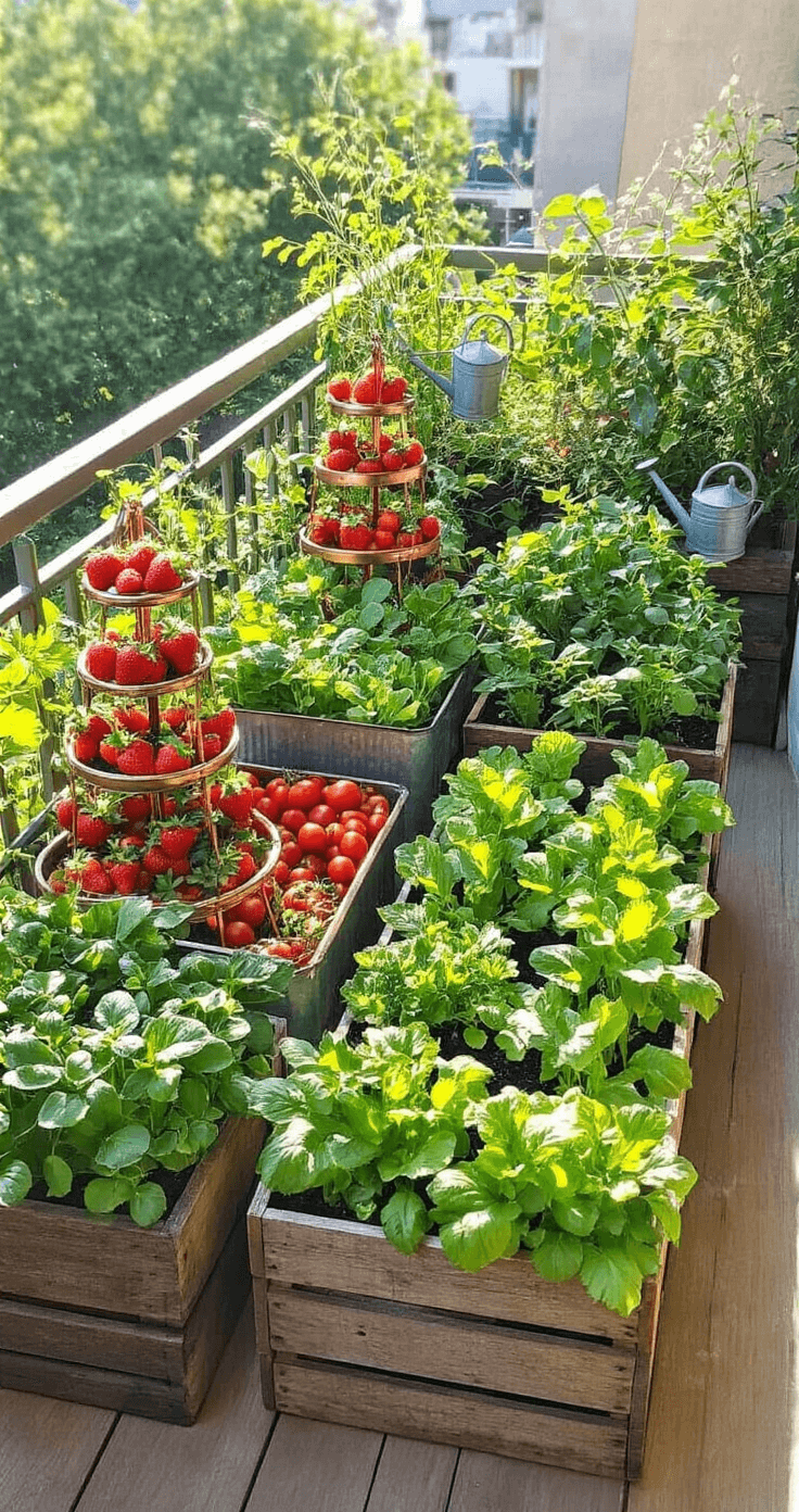 A sunlit balcony garden overflowing with strawberry towers, salad greens in metal troughs, and cherry tomatoes on copper supports, accented by rustic wooden crates, vintage watering cans, and garden tools, arranged in an abundant layout.