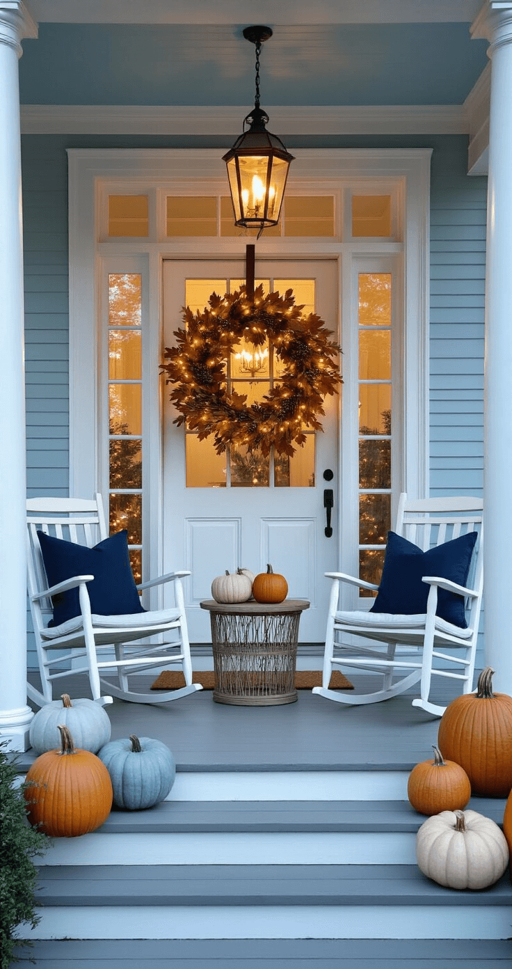 A grand wraparound porch with white columns and a pale blue beadboard ceiling, featuring an oversized fall wreath on the front door, flanked by distressed white rocking chairs with deep navy cushions and a side table. Heirloom pumpkins in muted tones adorn the steps, while oversized bronze lanterns with candles line the porch edges, and a vintage ladder displays artisanal fall signs and succulents. The scene is softly lit in the early evening, evoking an elegant Southern charm.