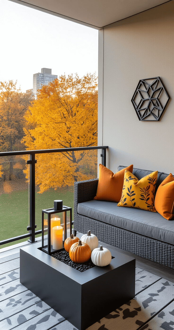 Cozy apartment balcony with glass railings overlooking a city park in autumn, featuring an oversized floor lantern with battery-operated candles, a charcoal gray loveseat with burnt orange and mustard yellow pillows, a sleek fire pit table surrounded by ceramic pumpkins, minimalist metal wall art in copper and gold, and a tall planter with ornamental grasses and late-blooming flowers, all bathed in golden hour light.