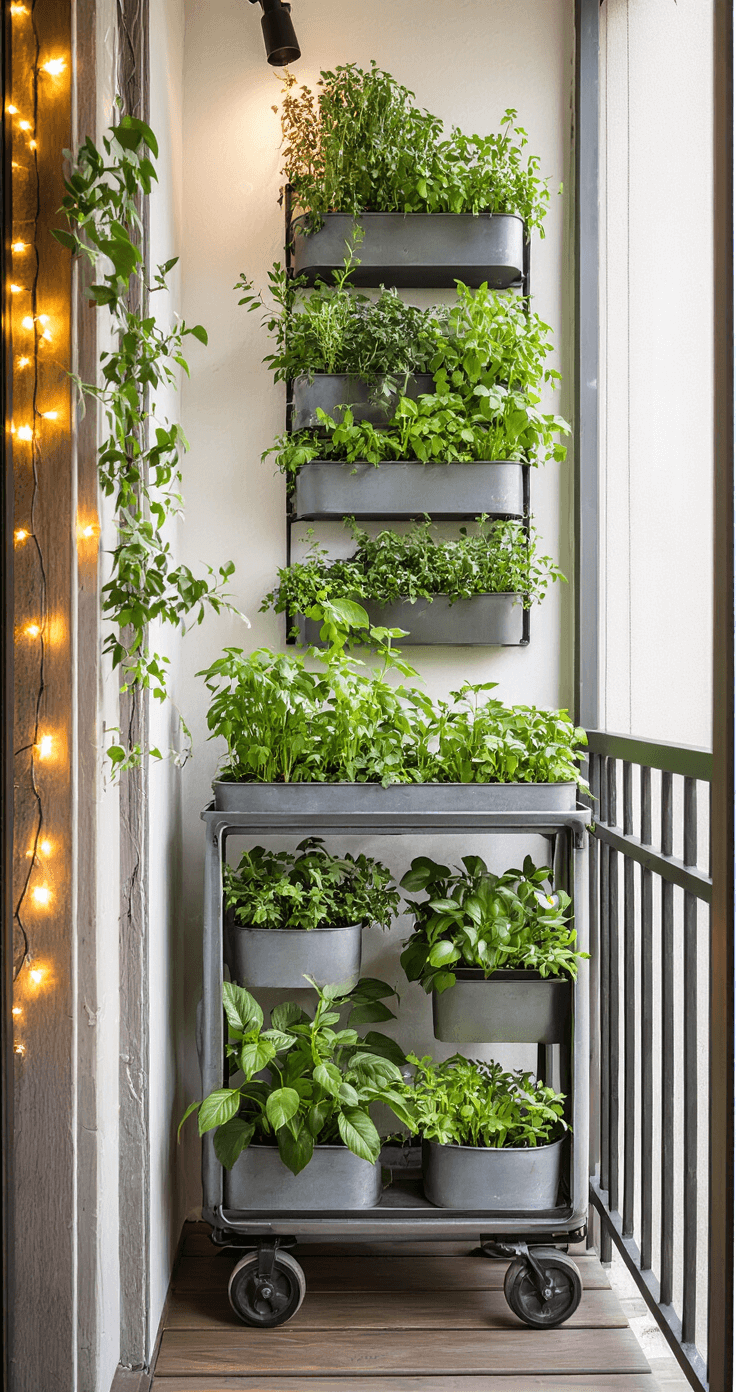 A twilight balcony featuring innovative small-space gardening solutions, including magnetic herb planters on metal railings, adhesive pocket planters for a living wall effect, and a weathered zinc industrial-style rolling plant cart. Fairy lights add a magical ambiance, while the shot captures the verticality of the space with mixed lighting showcasing the transition from day to evening and a shallow depth of field creating an intimate atmosphere.