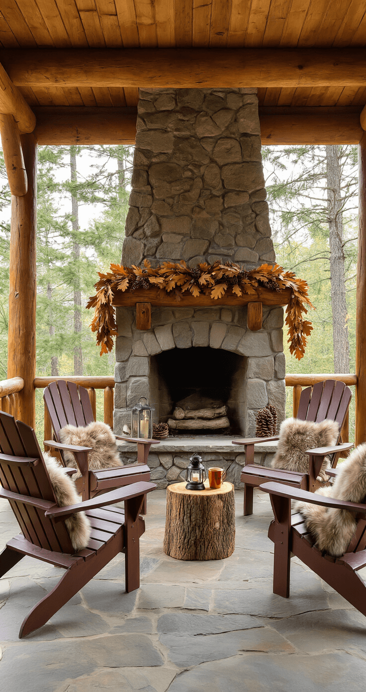 A cozy rustic cabin porch with log railings and a stone floor, featuring a massive stone fireplace adorned with oak leaves and pinecones. Adirondack chairs with faux fur throws flank a live-edge wood stump table topped with a lantern and steaming cider. Galvanized buckets overflow with apples and pears, while a vintage ladder displays hand-knit scarves in autumn colors. The scene is illuminated by mid-morning light filtering through pine trees, creating a warm, inviting atmosphere.