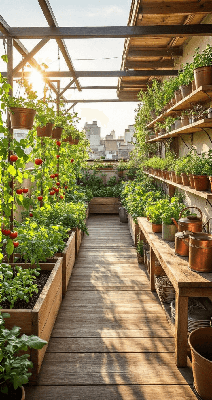 A sunlit urban rooftop terrace garden featuring raised wooden planters filled with vegetables, copper trellises with tomato vines, hanging ceramic pots of herbs, and vintage gardening tools on a potting bench, all set against a warm Mediterranean color palette.